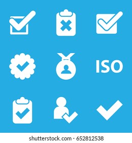 Approved icons set. set of 9 approved filled icons such as medal, tick, iso, add user, clipboard with tick