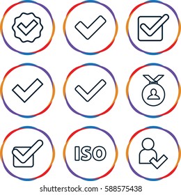 approved icons set. Set of 9 approved outline icons such as medal, tick, ISO