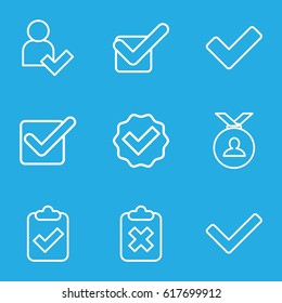 Approved icons set. set of 9 approved outline icons such as medal, tick, add user, clipboard with tick