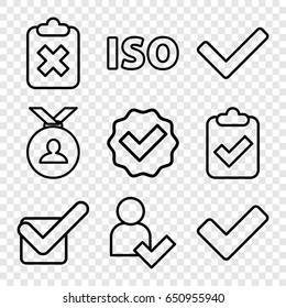 Approved icons set. set of 9 approved outline icons such as medal, tick, iso, add user, clipboard with tick