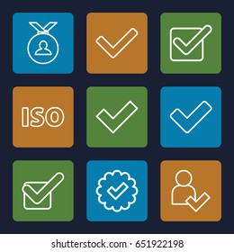 Approved icons set. set of 9 approved outline icons such as medal, tick, iso