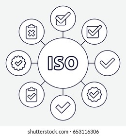 Approved icons set. set of 9 approved outline icons such as tick, iso, clipboard with tick