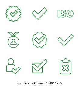 Approved icons set. set of 9 approved outline icons such as medal, tick, iso, add user