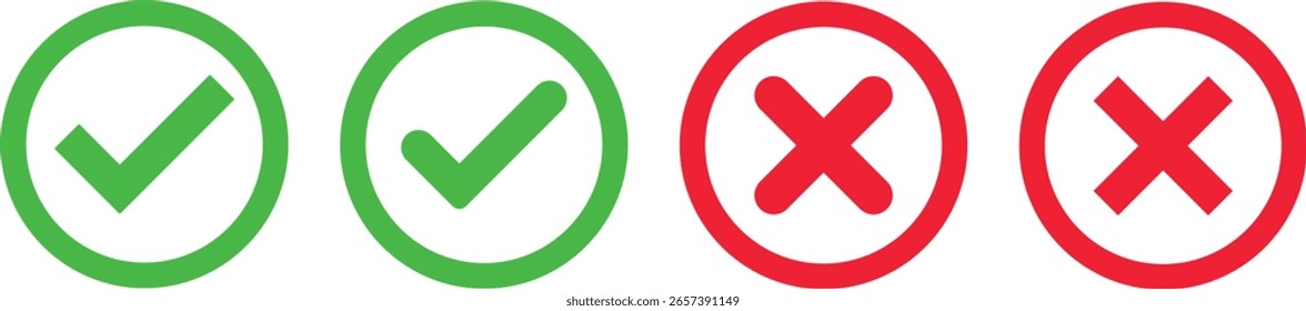 genehmigte Symbole festgelegt. rechte und falsche Tasten. Korrektes oder falsches Wahlsymbol für die Stimme. Markierungssymbole akzeptieren. Häkchen und Kreuzsymbol
