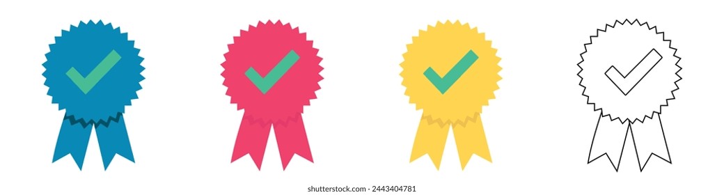 Approved isolated vector icons. Certified medal icons. Approval check icon. Premium quality red ribbon label logo icon.
