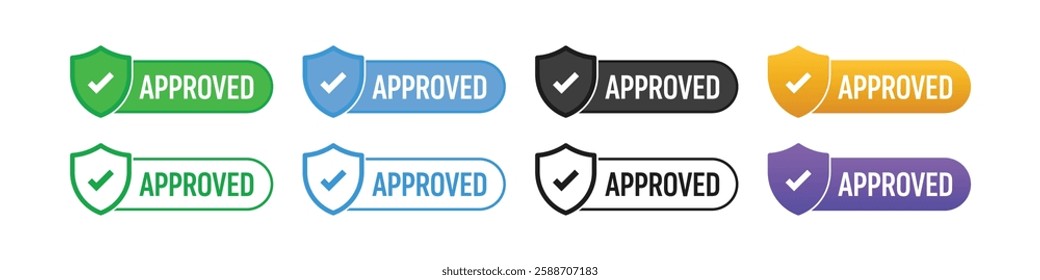 Approved Label, Badge, Sticker, Stamp, Imprint, Seal Template with shield and tick mark on isolated white background suitable for products for quality assurance. Vector Illustration.