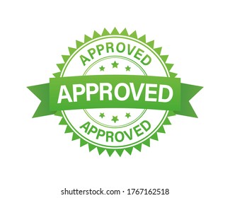 Approved label. Approved green stamp with band. Vector illustration.