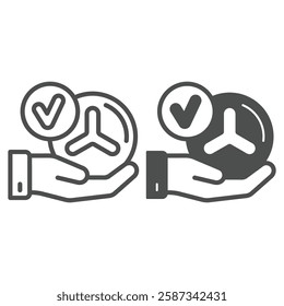 Approved laboratory test and hand line and solid icon, clinical research concept. Vector graphics. Hand with checkmark on emblem sign on white background, outline style icon for mobile or web design