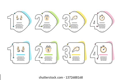 Approved, Laurel wreath and Whistle icons simple set. Timer sign. Winner badge, Laureate reward, Kick-off. Stopwatch gadget. Sports set. Infographic timeline. Line approved icon. 4 options or steps