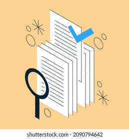 Approved legal documents vector isometric illustration. Stack of outline paper sheets with magnifying glass for searching. Paperwork, checking contract, business blank