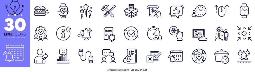 Approved, Like and People chatting line icons pack. Smile, Photo cloud, Timer web icon. Boiling pan, Charging cable, Alarm sound pictogram. Swipe up, Qr code, Data security. Waterproof. Vector
