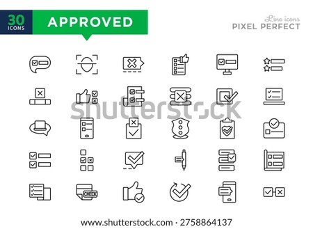 Approved line icon collection. Check, accept, checklist, verified, confirm, agree, success, verification, done, select, right, wrong, list icon set. Vector illustration