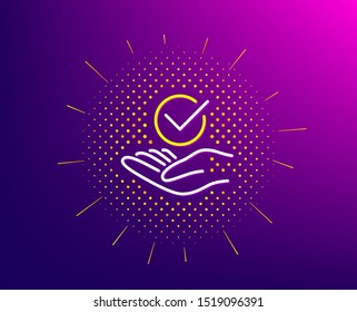 Approved line icon. Halftone pattern. Accepted or confirmed sign. Verified symbol. Gradient background. Approved line icon. Yellow halftone pattern. Vector