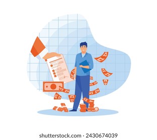 Approved Loan concept. Joyful businessman man with letter and money show thumbs up. flat vector modern illustration