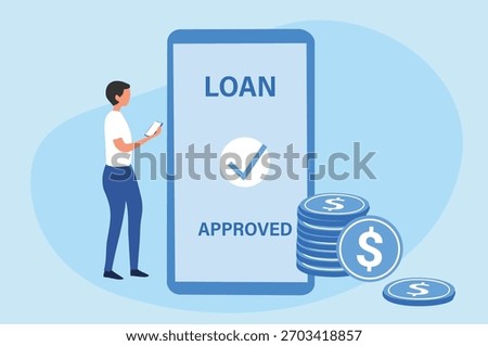 Approved Loan concept. Online banking services. Man getting a loan on smartphone app. 