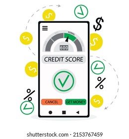 Approved loan, good credit score rating in internet banking. Illustration vector. repaid loan, good financial condition, user indebtedness, loan application, unpaid debts