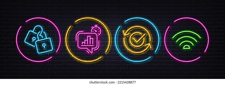 Approved, Locks and Statistics timer minimal line icons. Neon laser 3d lights. Wifi icons. For web, application, printing. Refresh symbol, Together padlocks, Growth chart. Wi-fi internet. Vector