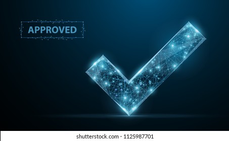 Approved. Low poly wireframe approved sign looks like constellation on blue night sky with dots and stars. Accept, approval success and confirmation symbol, illustration or background