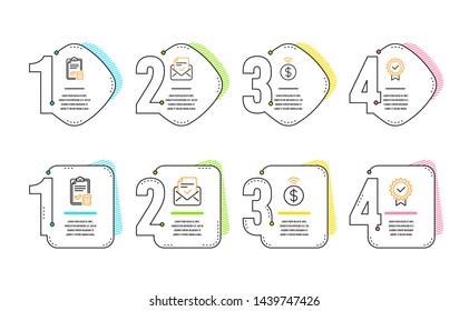 Approved mail, Accounting checklist and Contactless payment icons simple set. Certificate sign. Confirmed document, Calculator, Financial payment. Verified award. Education set. Infographic timeline