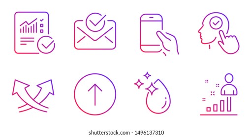 Approved mail, Checked calculation and Water drop line icons set. Select user, Hold smartphone and Intersection arrows signs. Swipe up, Stats symbols. Confirmed document, Statistical data. Vector