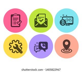 Approved mail, Customisation and 24h service icons simple set. Approved checklist, Bitcoin system and Location signs. Confirmed document, Settings. Technology set. Flat approved mail icon. Vector