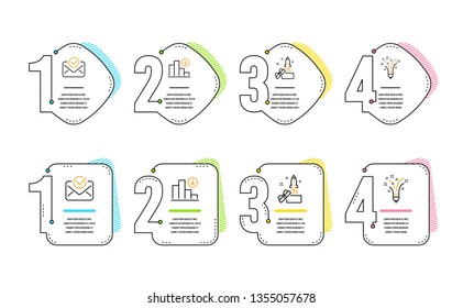 Approved mail, Decreasing graph and Innovation icons simple set. Inspiration sign. Confirmed document, Crisis chart, Crowdfunding. Creativity pencil. Education set. Infographic timeline. Vector