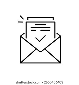 Ícone de linha de email aprovada. Sinal de aceitação ou confirmação. Símbolo do documento. Plano de fundo de ilustração de linha mínimo. Banner de padrão de ícone de linha de email aprovado. Conceito de modelo da Web em branco. Vetor