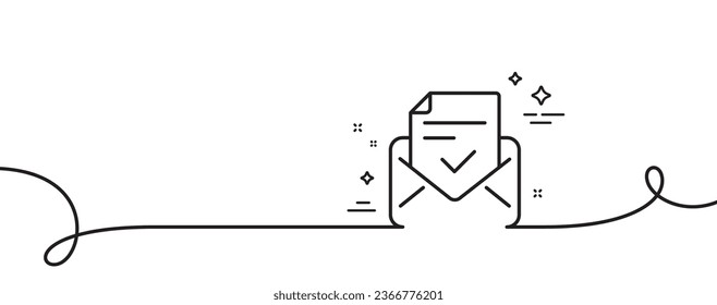 Icono de línea de correo aprobado. Una línea continua con curl. Signo aceptado o confirmado. Símbolo del documento. Cinta de esquema único de correo aprobada. Patrón de curva de bucle. Vector