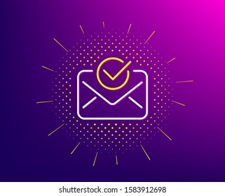 Approved mail line icon. Halftone pattern. Accepted or confirmed sign. Document symbol. Gradient background. Approved mail line icon. Yellow halftone pattern. Vector