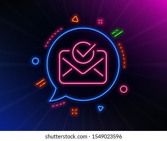 Approved mail line icon. Neon laser lights. Accepted or confirmed sign. Document symbol. Glow laser speech bubble. Neon lights chat bubble. Banner badge with approved mail icon. Vector