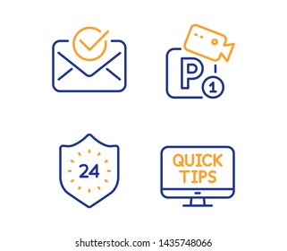 Approved mail, Parking security and 24 hours icons simple set. Web tutorials sign. Confirmed document, Video camera, Protection. Quick tips. Business set. Linear approved mail icon. Vector