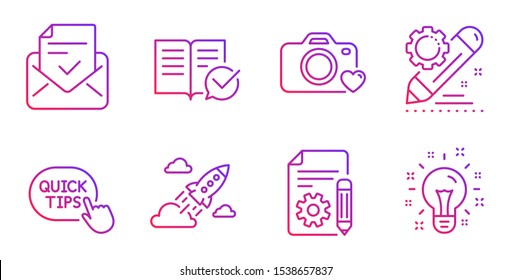 Approved mail, Quick tips and Approved documentation line icons set. Documentation, Photo camera and Project edit signs. Startup rocket, Idea symbols. Confirmed document, Helpful tricks. Vector