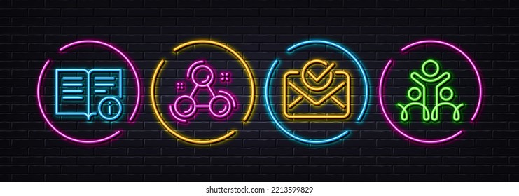Approved mail, Technical info and Chemistry molecule minimal line icons. Neon laser 3d lights. Inclusion icons. For web, application, printing. Vector