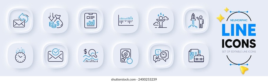 Correos aprobados, administración de tiempo y recuperación de iconos de línea hdd para aplicaciones web. Paquete de diagrama de columnas, Vacantes, iconos del pictograma de tiempo. Iniciar proyecto, Compartir correo, Comprobar los signos de inversión. Vector