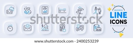 Approved mail, Time management and Recovery hdd line icons for web app. Pack of Column diagram, Vacancy, Time pictogram icons. Launch project, Share mail, Check investment signs. Vector