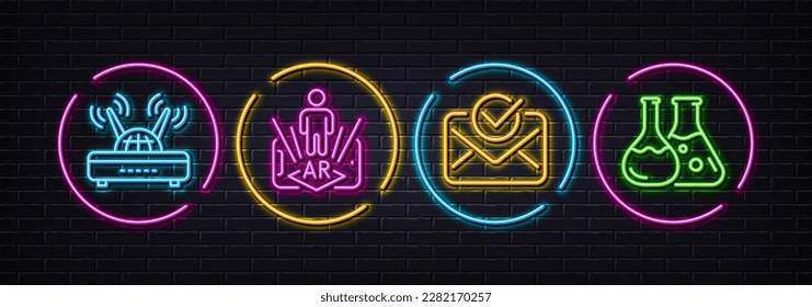 Approved mail, Wifi and Augmented reality minimal line icons. Neon laser 3d lights. Chemistry lab icons. For web, application, printing. Confirmed document, Internet router, Phone simulation. Vector