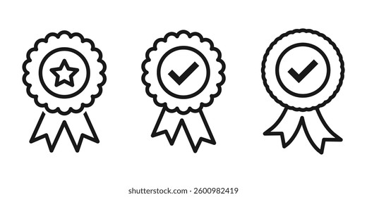 Approved medal badge icon. A symbol of certification, success, and verification in a minimal line design. Vector illustration.