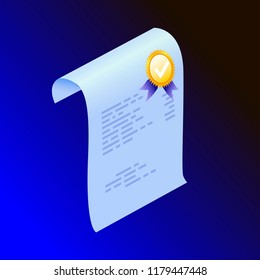 Approved medal on document.Round stamp for approved and tested product, software and services. Vector illustration in modern gradient style, check mark