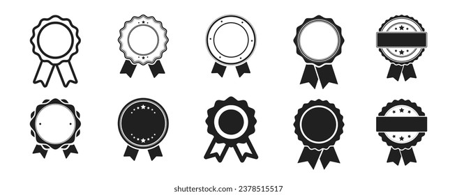 Approved or Medal set with ribbon. Awards line icons set. Approved or certified medal icon