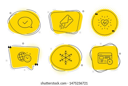 Approved message, E-mail and Web timer signs. Chat bubbles. Time management, Heartbeat and Snowflake line icons set. World clock, Medical heart, Snow. Accepted chat. Business set. Vector