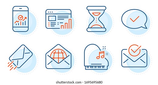 Approved message, Piano and Smartphone statistics signs. Time, Web mail and E-mail line icons set. Web report, Approved mail symbols. Clock, World communication. Education set. Vector