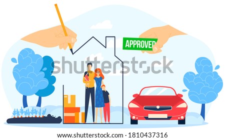 Approved mortgage loan vector illustration. Cartoon flat family people with house or home apartment to buy and invest, approval agreement. Real estate, investment to housing concept isolated on white