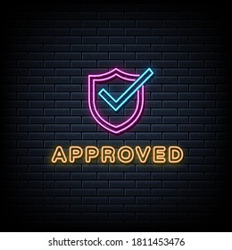 Approved neon sign, design element, light banner, announcement neon signboard.