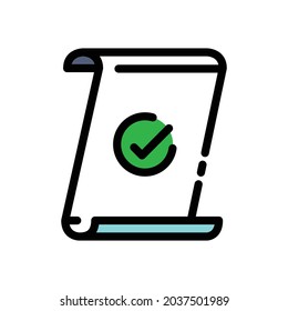 Approved paper color line icon. Document with check mark. Sign for web page, mobile app. Vector isolated object.