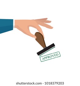 Approved paper document, green approved stamp. Vector flat illustration