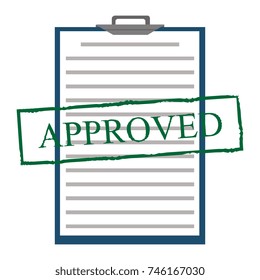 Approved paper document, green approved stamp. Vector flat illustration