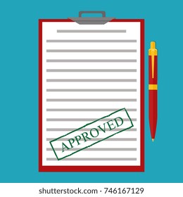 Approved paper document, green approved stamp. Vector flat illustration