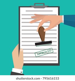 Approved paper document, green approved stamp. Vector flat illustration