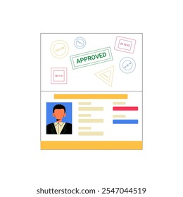 Pasaporte Aprobado Con Foto Y Sellos En Ilustración vectorial Plana Que Simbolizan Autorización De Viaje, Inmigración Y Verificación De Identidad, Aislado Sobre Fondo Blanco.