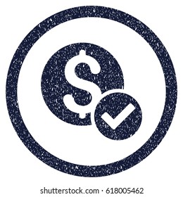 Approved Payment grainy textured icon inside circle for overlay watermark stamps. Flat symbol with scratched texture. Circled vector indigo blue rubber seal stamp with grunge design.